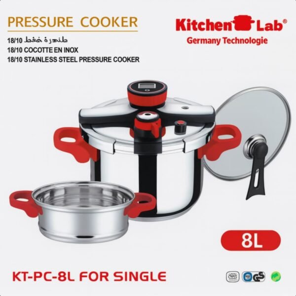 Cocotte 08L 04 Pcs en inox 18/10 avec Minuteur  Germany Technologie KitchenLab KT-PC-8L